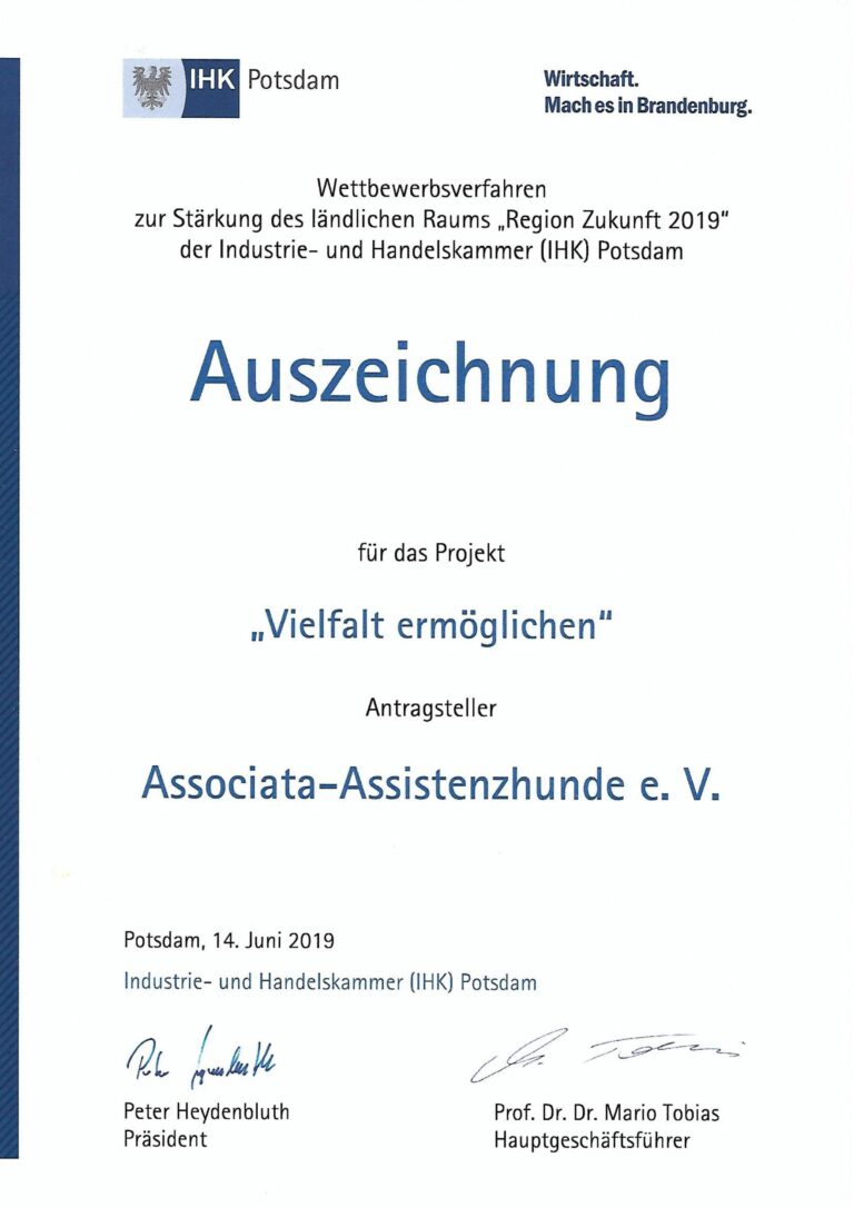 Associata-Assistenzhunde e.V. ist Preisträger im Wettbewerb  „Region Zukunft 2019“ der IHK-Potsdam